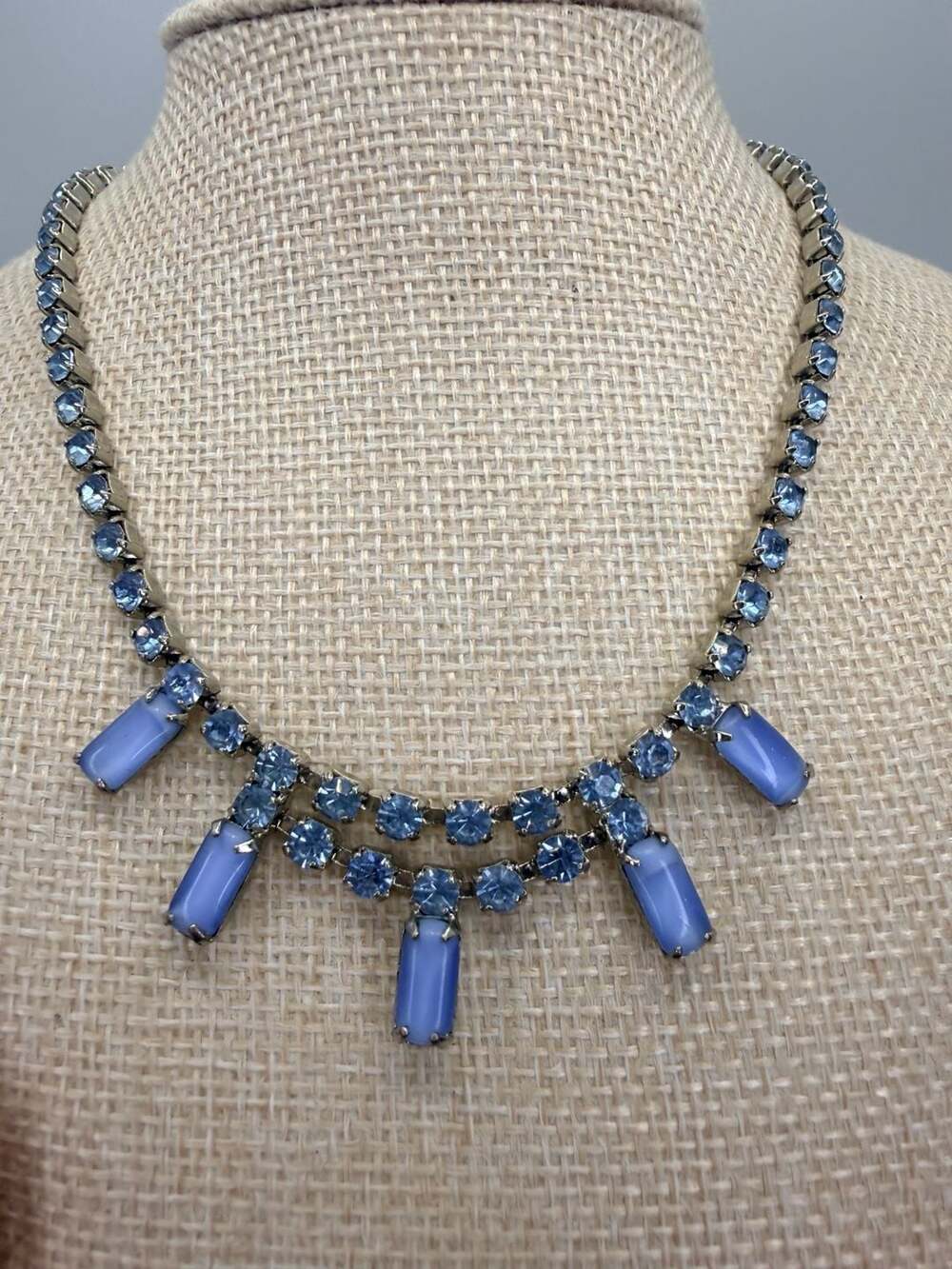 Vintage Blue Satin Glass Rhinestone Necklace Earrings
